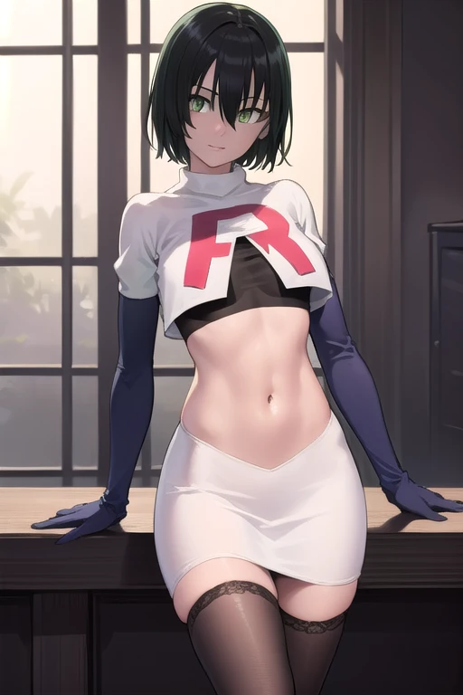 fubuki, fubuki, black hair, (green eyes:1.5), short hair,
BREAK jewelry, team rocket,team rocket uniform,white skirt,red letter R,crop top,black thigh-highs,black elbow gloves,
BREAK looking at viewer,
BREAK (masterpiece:1.2), best quality, high resolution, unity 8k wallpaper, (illustration:0.8), (beautiful detailed eyes:1.6), extremely detailed face, perfect lighting, extremely detailed CG, (perfect hands, perfect anatomy),