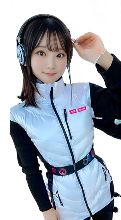 masterpiece, highest quality, Very detailed, 8K Portrait,japanese android girl,Plump , Control panel,Robotic arms and legs, Blunt bangs,,BREAK (metallic gray, metallic luster, mirror finish, astrovest):5,headphone:5,BREAK (black sleeves):100,smartwatch,futuristic airport,space station,BREAK headphone,blue eyes,(black hair):2,(long hair):1.3,look at viewer,(Respirator),BREAK blush:3,hidden hands,smile