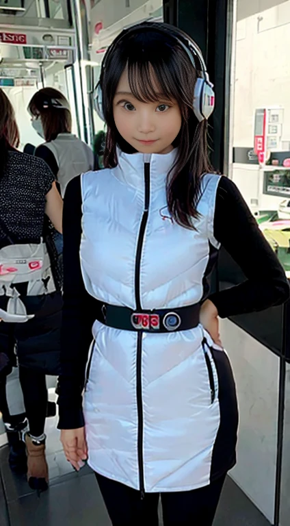 masterpiece, highest quality, Very detailed, 8K Portrait,japanese android girl,Plump , Control panel,Robotic arms and legs, Blunt bangs,,BREAK (metallic gray, metallic luster, mirror finish, astrovest):5,headphone:5,BREAK (black sleeves):100,smartwatch,futuristic airport,space station,BREAK headphone,blue eyes,(black hair):2,(long hair):1.3,look at viewer,(Respirator),BREAK blush:3,hidden hands,smile