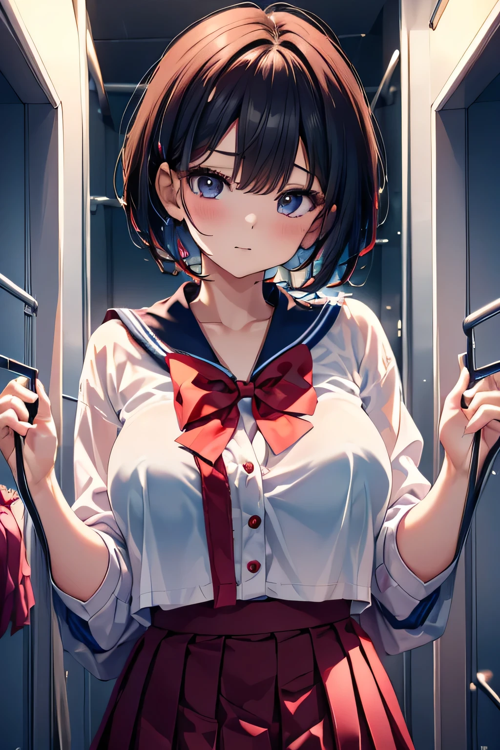 (((locker room))),(((Change clothes in the changing room:1.3))),(((clothes on hangers:1.3))),(((Sailor suit))),(((Pleated skirt that exposes skin))),(Dark red bow tie:1.3),Cute Face,Extreme close up of face,Silver short hair,Angry face,Perfect round face,iris,Floating Hair,Big Breasts.Professional Lighting,Cinematic Light,(Tabletop,highest quality,Ultra-high resolution output images,) ,(8K quality,),(Picture Mode Ultra HD,)