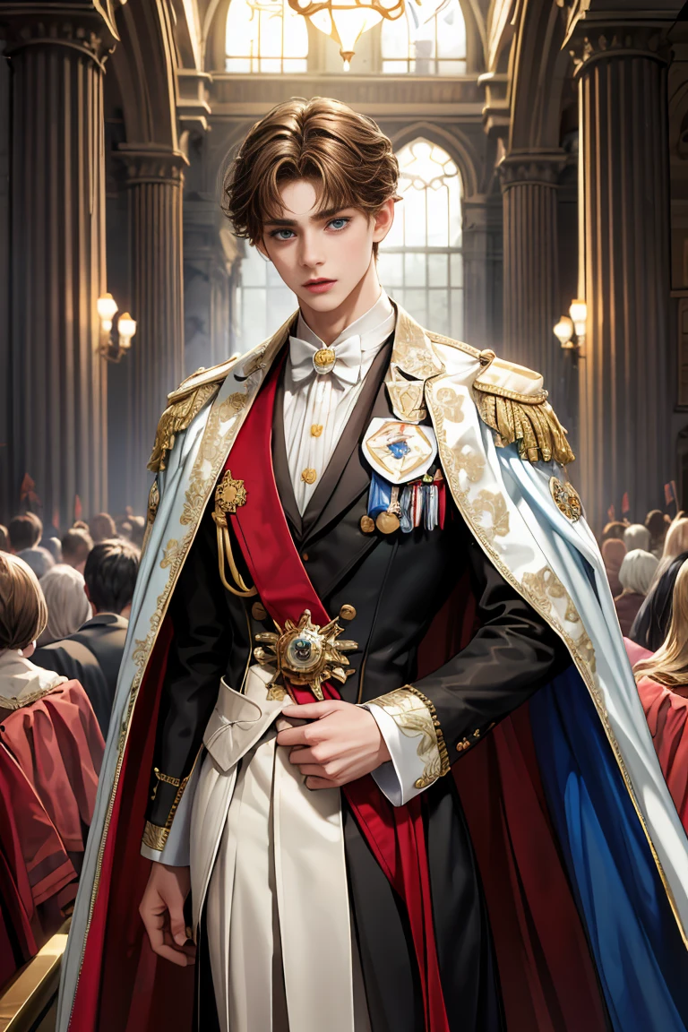 masterpiece, 最high quality, high quality, 1 boy, alone, Male focus, Watching the audience, Messy brown hair, Adorable big blue eyes, White, Noble, Noble, Beautiful tailcoat、A very voluminous, large, very large, very large, long, long red and black cape with a high stand-up collar, made of a lot of fabric that reaches down to the floor., 17 years old,Cute beautiful boys,Cute, cute, kind, handsome guy