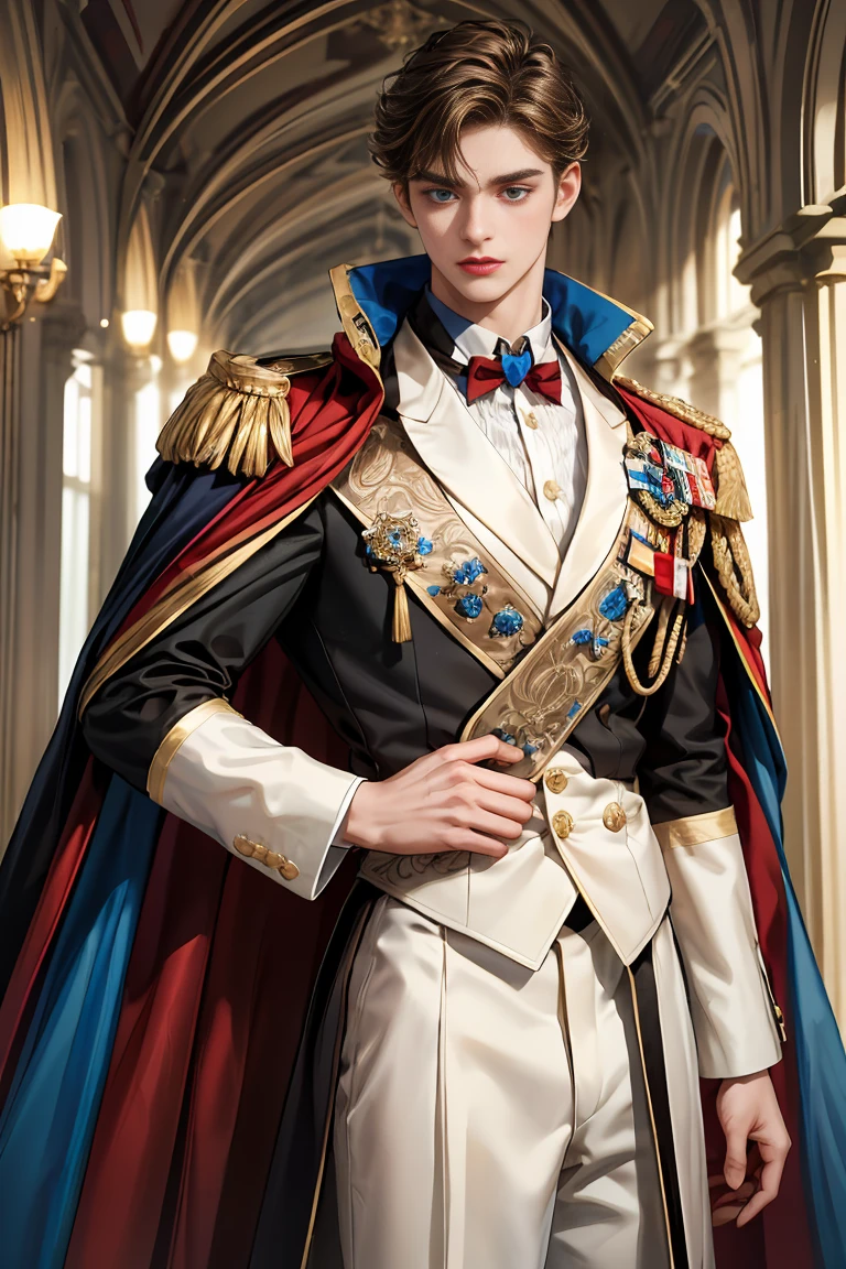 
masterpiece, 最high quality, high quality, 1 boy, alone, Male focus, Watching the audience,  Messy brown hair, Adorable big blue eyes, White, Noble, Noble, Beautiful tailcoat、A very voluminous, large, very large, very large, long, long red and black cape with a high stand-up collar, made of a lot of fabric that reaches down to the floor., 17 years old,Cute beautiful boys,Cute, cute, kind, handsome guy