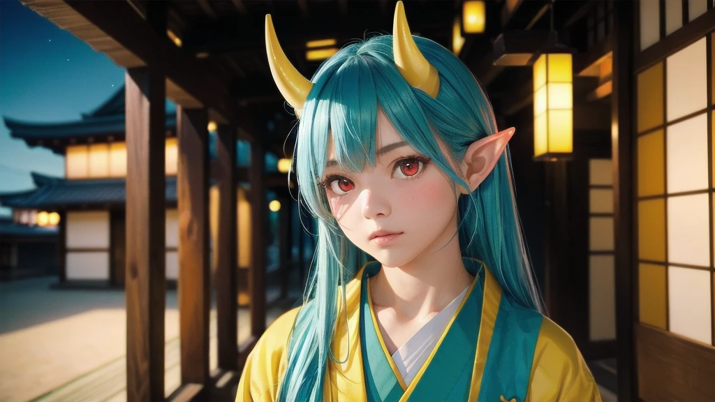 RAW, professional photograph, movie photograph, medium shot, Female elf, (((little yellow horns))), twenty years old, night, athletic body, soft facial features, long hair, straight hair, (((pacific cyan hair))), (((red eyes faded to yellow))), japanese female uniform, traditional japanese village, Realism, hyperrealism, ray tracing, high details, super detail, UHD, 8k