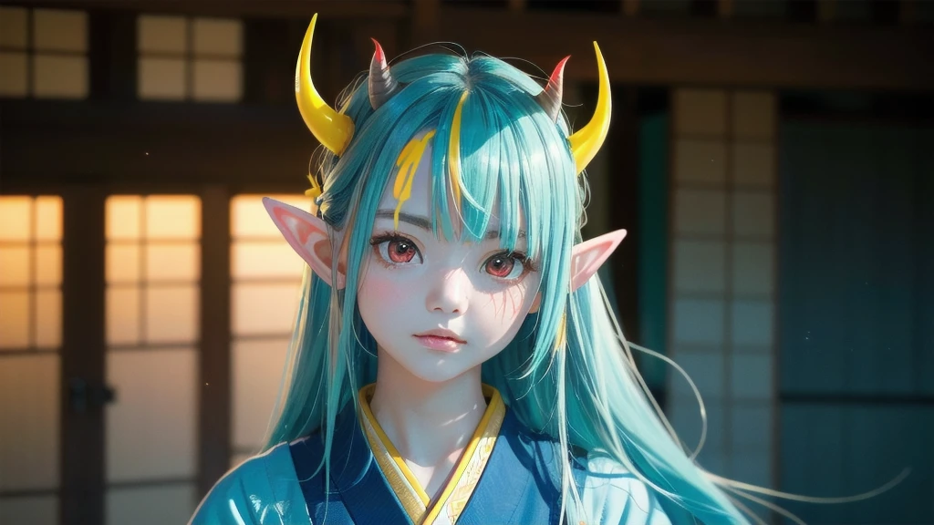 RAW, professional photograph, movie photograph, medium shot, Female elf, (((little yellow horns))), twenty years old, night, athletic body, soft facial features, long hair, straight hair, (((pacific cyan hair))), (((red eyes faded to yellow))), japanese female uniform, traditional japanese village, Realism, hyperrealism, ray tracing, high details, super detail, UHD, 8k