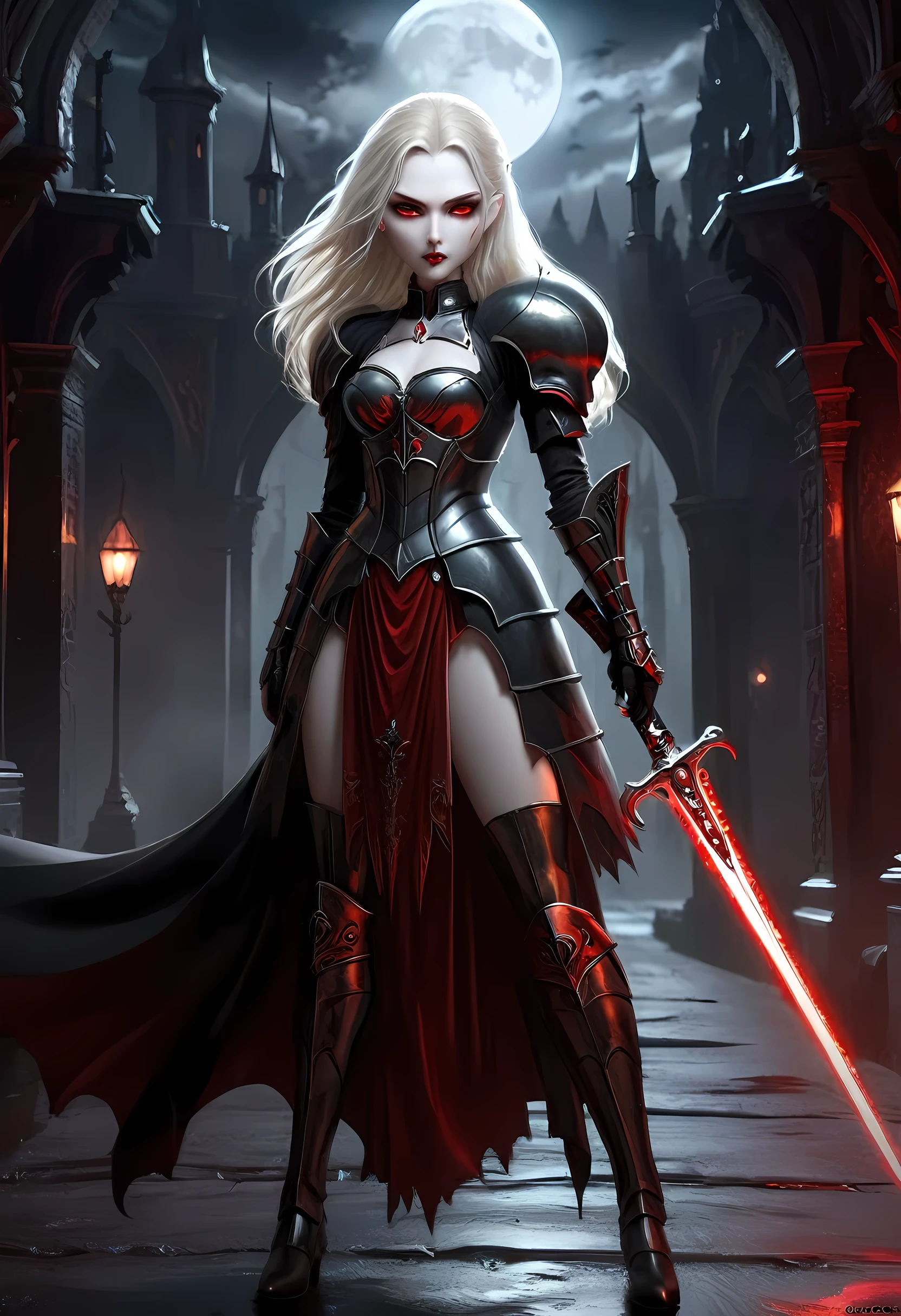 Arafed, dark fantasy art, gothic art, a picturק of a vampire ready for battle, female vampire, armed with a sword, wearing heavy armor , armed with a sword, shining sword, ultra detailed face (intricate detailed, Masterpiece, best quality: 1.4), pale skin, glowing eyes, red eyes, ultra feminine, pale skin, dynamic hair, dark fantasy urban street (intricate detailed, Masterpiece, best quality: 1.4), moon light, star light, clouds, armored_dress, RagingNebula, 