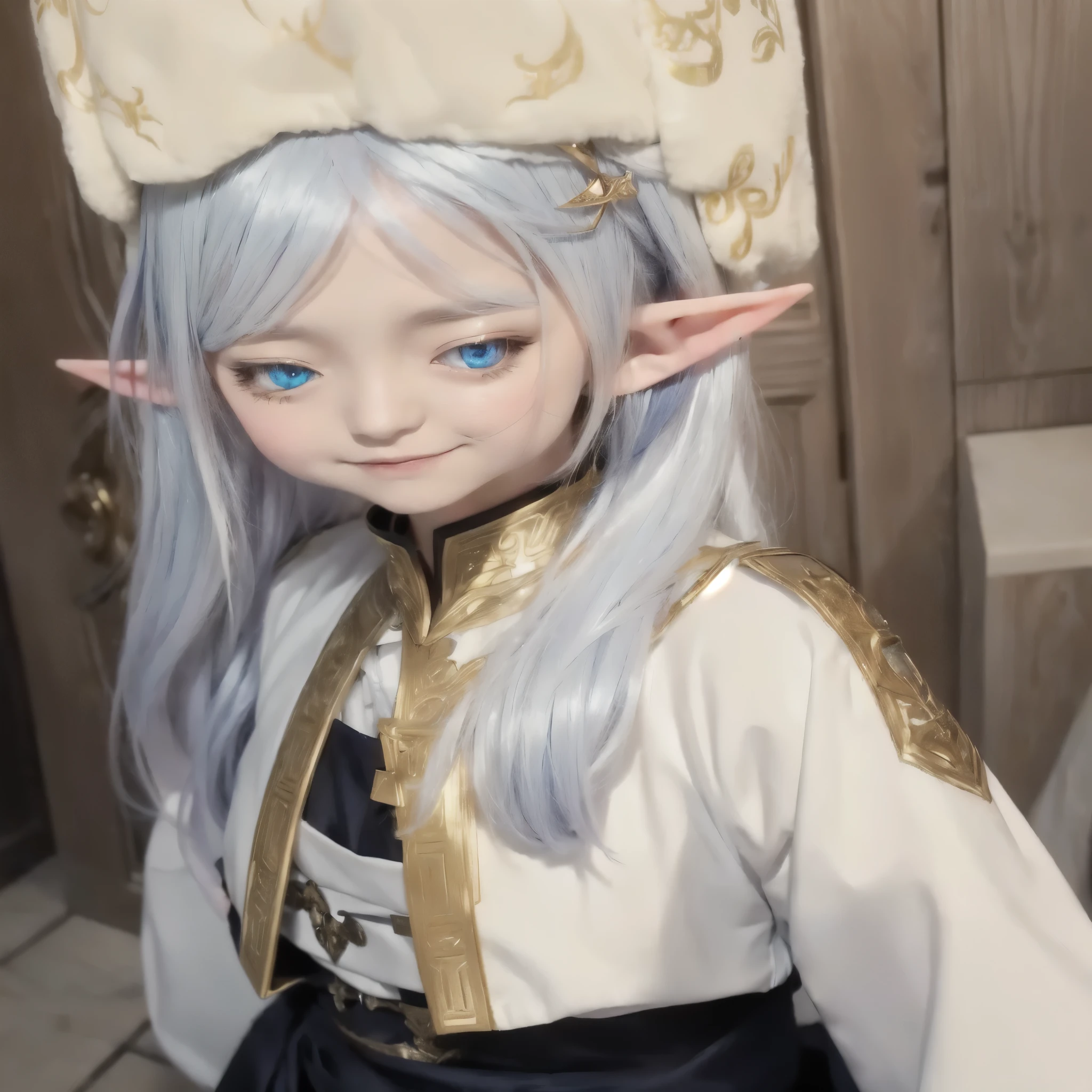anime girl with blue eyes and white hair in front of a door, she has elf ears and gold eyes, elven character with smirk, a portrait of an elf, keqing from genshin impact, elf girl, a middle aged elf