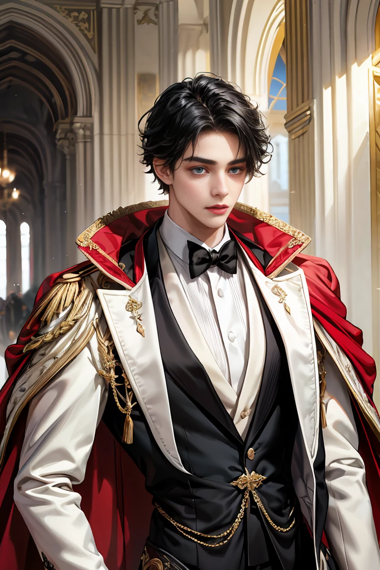 masterpiece, 最high quality, high quality, 1 boy, alone, Male focus, Watching the audience, Messy black hair, Adorable big blue eyes, White, Noble, Noble, Tuxedo、A very voluminous, large, very large, very large, long, long red and black cape with a high stand-up collar, made of a lot of fabric that reaches down to the floor., 17 years old,Cute beautiful boys,Cute, cute, kind, handsome guy
