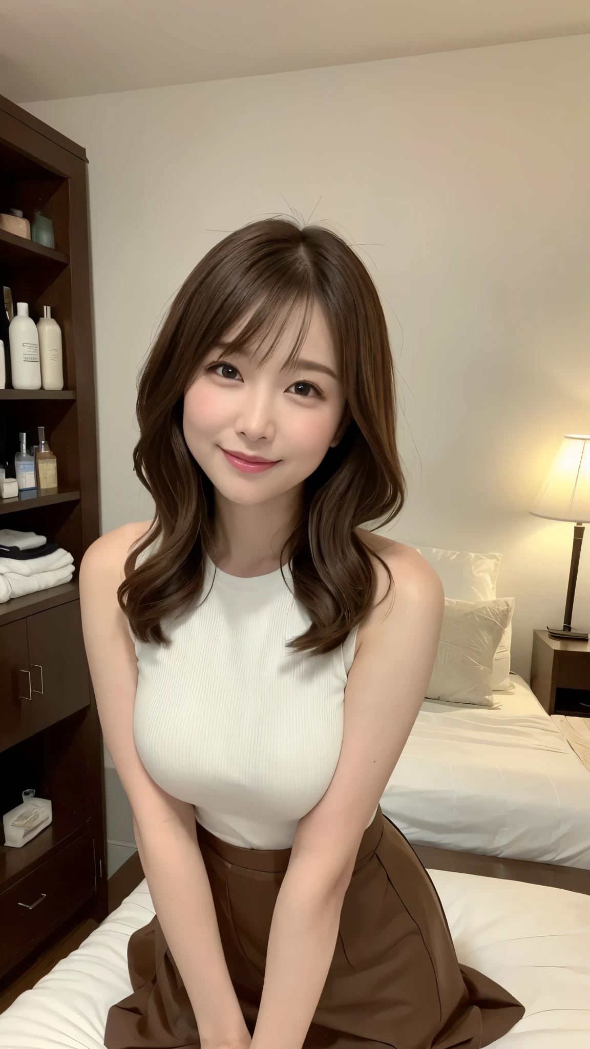 sit、((​masterpiece))、((top-quality))、a picture、Realisticity、high-level image quality、Advanced depth of field、ultra-detailliert、Realistic lighting、((Beauty salon))、((white tank top onepiece,skirt))、((Bright interior))、((Washing customers' heads))、((Close to close、Right in front of you))、married woman、in her 20s、Delicate facial features、long wave-brownhair、Realistic backgrounds and accessories、large full breasts、valley、Plump body、Sexy smile、Serious gaze、from above