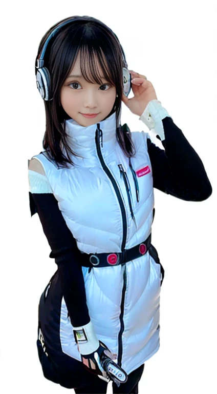 masterpiece, highest quality, Very detailed, 8K Portrait,japanese android girl,Plump , Control panel,Robotic arms and legs, Blunt bangs,,BREAK (metallic gray, metallic luster, mirror finish, astrovest):5,headphone:5,BREAK (black sleeves):100,smartwatch,futuristic airport,space station,BREAK headphone,blue eyes,(black hair):2,(long hair):1.3,look at viewer,(Respirator),BREAK blush:3,hidden hands,smile