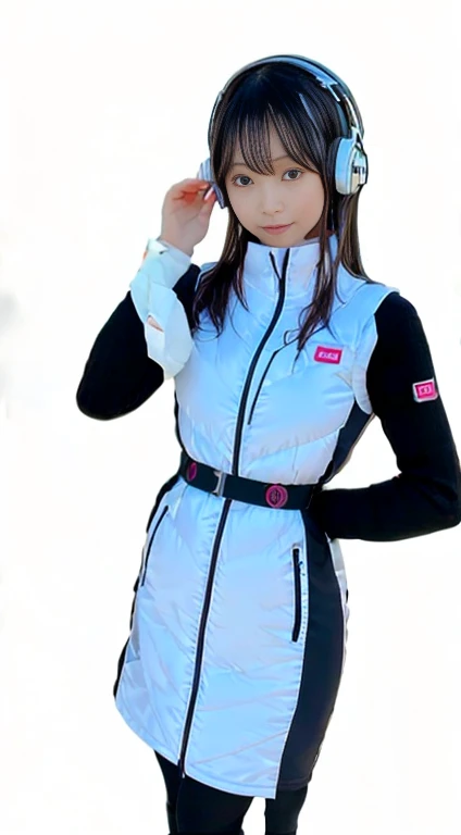 masterpiece, highest quality, Very detailed, 8K Portrait,japanese android girl,Plump , Control panel,Robotic arms and legs, Blunt bangs,,BREAK (metallic gray, metallic luster, mirror finish, astrovest):5,headphone:5,BREAK (black sleeves):100,smartwatch,futuristic airport,space station,BREAK headphone,blue eyes,(black hair):2,(long hair):1.3,look at viewer,(Respirator),BREAK blush:3,hidden hands,smile