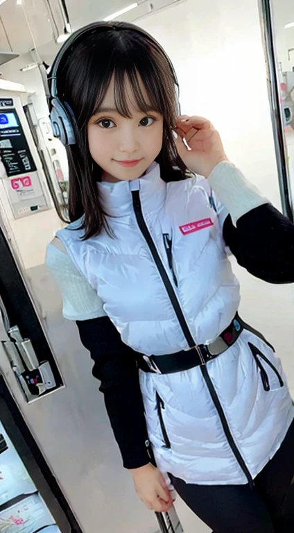 masterpiece, highest quality, Very detailed, 8K Portrait,japanese android girl,Plump , Control panel,Robotic arms and legs, Blunt bangs,,BREAK (metallic gray, metallic luster, mirror finish, astrovest):5,headphone:5,BREAK (black sleeves):100,smartwatch,futuristic airport,space station,BREAK headphone,blue eyes,(black hair):2,(long hair):1.3,look at viewer,(Respirator),BREAK blush:3,hidden hands,smile