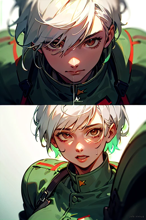 1male, anime, white hair, straight hair, very short hair, soldier, military, pretty, digital illustration, trending on artstation, highly detailed, vibrant colors, military base, 4k, insane details, insane quality, modern, sexy, hot, erotic, brown eyes, green uniform, face close up