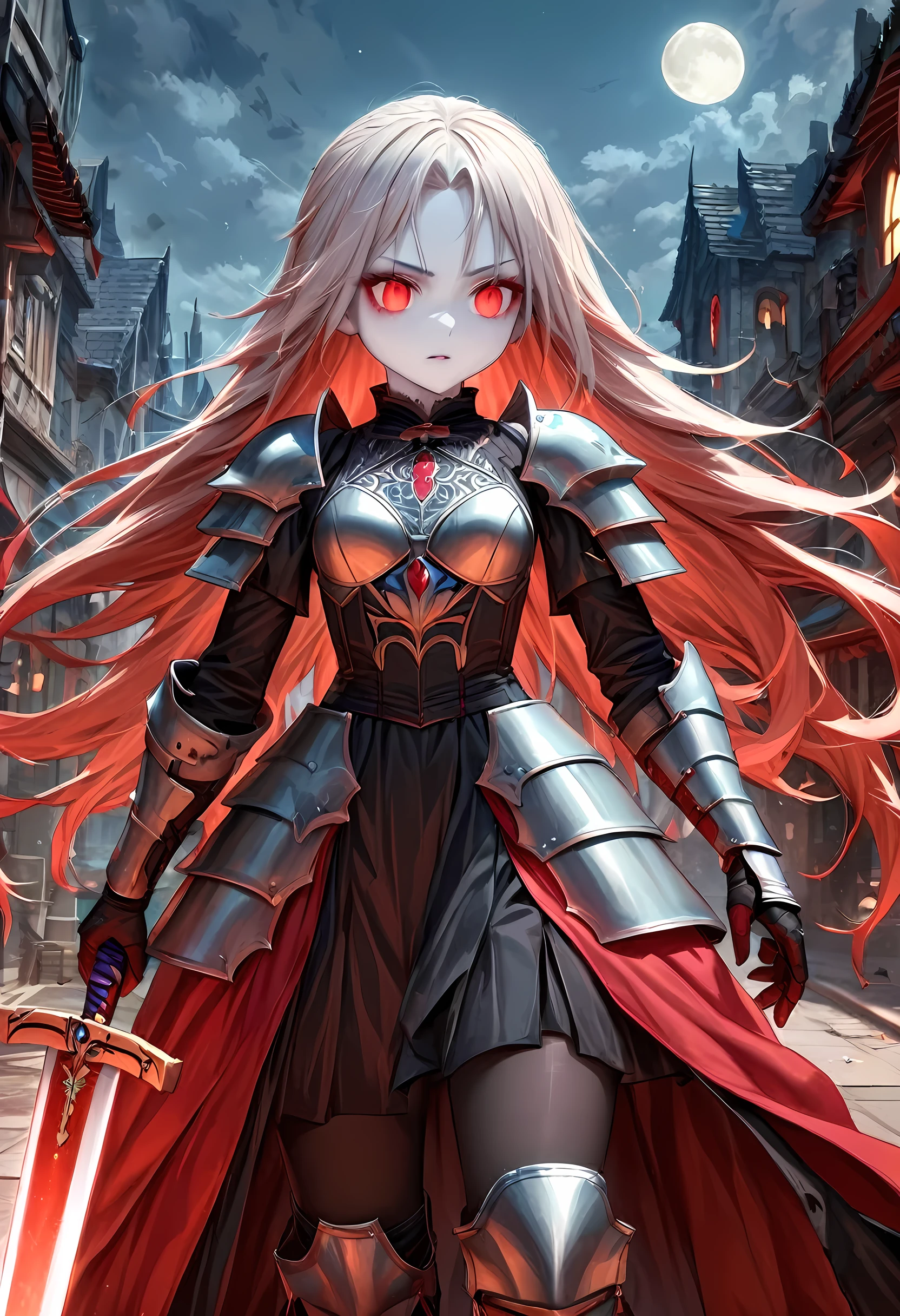 Arafed, dark fantasy art, gothic art, a picturק of a vampire ready for battle, female vampire, armed with a sword, wearing heavy armor , armed with a sword, shining sword, ultra detailed face (intricate detailed, Masterpiece, best quality: 1.4), pale skin, glowing eyes, red eyes, ultra feminine, pale skin, dynamic hair, dark fantasy urban street (intricate detailed, Masterpiece, best quality: 1.4), moon light, star light, clouds, armored_dress, RagingNebula, 