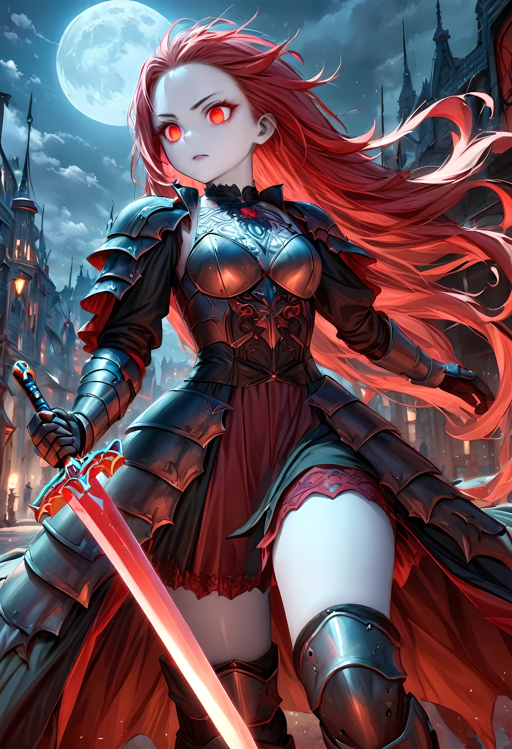 Arafed, dark fantasy art, gothic art, a picturק of a vampire ready for battle, female vampire, armed with a sword, wearing heavy armor , armed with a sword, shining sword, ultra detailed face (intricate detailed, Masterpiece, best quality: 1.4), pale skin, glowing eyes, red eyes, ultra feminine, pale skin, dynamic hair, dark fantasy urban street (intricate detailed, Masterpiece, best quality: 1.4), moon light, star light, clouds, armored_dress, RagingNebula, 