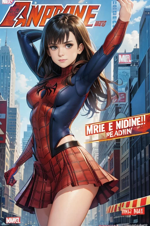 Lea Michele、Marvel Comics Movie Poster, Very beautiful, Movies about Spiderman, sexy, whole body, I'm wearing a skirt、Premiere date, Poster、belly buttonを突き出す、new york、She's wearing a torn Spider-Man suit,The suit is torn、Wearing a skirt、 Red and black color scheme,dynamic、masterpiece、highest quality、Ultra-detailed、Very detailed、A delicate and beautiful shine、超A high resolution、Cinematic,Break,Breakdrop,(Torn clothes:1.5), (Wet clothes:1.4), Bare shoulders,Real Rain,Wet Hair,belly button、Exposing Skin、Showing off her sexy shoulders
