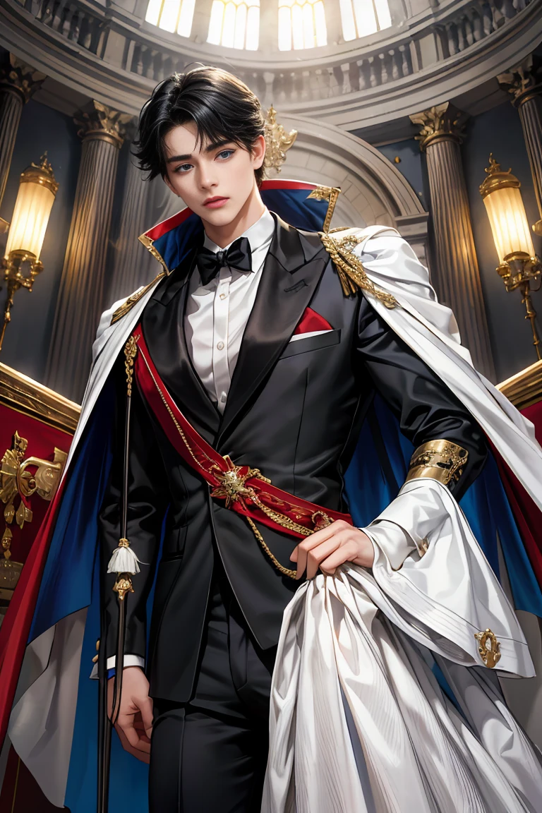 masterpiece, 最high quality, high quality, 1 boy, alone, Male focus, Watching the audience, Messy black hair, Adorable big blue eyes, White, Noble, Noble, Tuxedo、A very voluminous, large, very large, very large, long, long red and black cape with a high stand-up collar, reaching down to the floor, made of a lot of fabric., 17 years old,Cute beautiful boys,Cute, cute, kind, handsome guy
