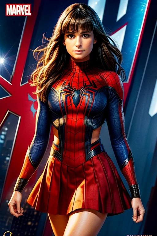 Lea Michele、Marvel Comics Movie Poster, Very beautiful, Movies about Spiderman, y, whole body, I'm wearing a skirt、Premiere date, Poster、belly but突き出す、new york、She&#39;s wearing a torn Spider-Man suit,The suit is torn、Wearing a skirt、 Red and black color scheme,dynamic、masterpiece、highest quality、Ultra-detailed、Very detailed、A delicate and beautiful shine、超A high resolution、Cinematic,Break,Breakdrop,(Torn clothes:1.5), (Wet clothes:1.4), Bare shoulders,Real Rain,Wet Hair,belly button、sing Skin、Showing off her sexy should