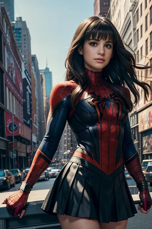 Lea Michele、Marvel Comics Movie Poster, Very beautiful, Movies about Spiderman, sexy, whole body, I'm wearing a skirt、Premiere date, Poster、belly buttonを突き出す、new york、She's wearing a torn Spider-Man suit,The suit is torn、Wearing a skirt、 Red and black color scheme,dynamic、masterpiece、highest quality、Ultra-detailed、Very detailed、A delicate and beautiful shine、超A high resolution、Cinematic,Break,Breakdrop,(Torn clothes:1.5), (Wet clothes:1.4), Bare shoulders,Real Rain,Wet Hair,belly button、Exposing Skin、Showing off her sexy shoulders