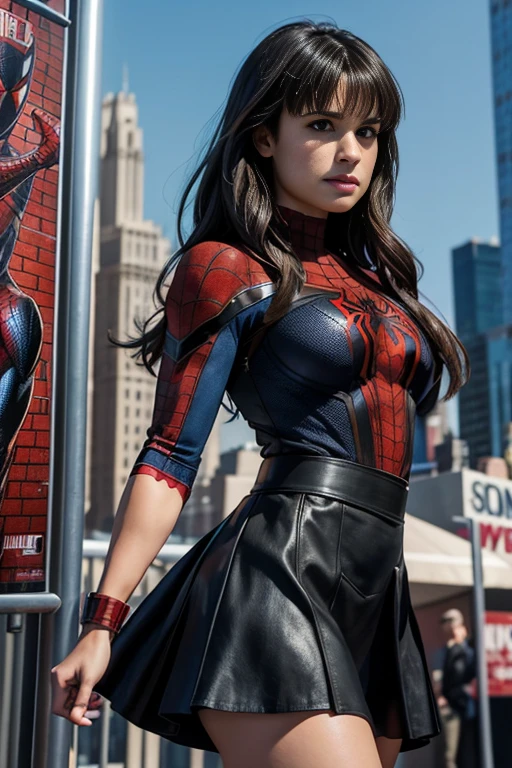Lea Michele、Marvel Comics Movie Poster, Very beautiful, Movies about Spiderman, sexy, whole body, I'm wearing a skirt、Premiere date, Poster、belly buttonを突き出す、new york、She&#39;s wearing a torn Spider-Man suit,The suit is torn、Wearing a skirt、 Red and black color scheme,dynamic、masterpiece、highest quality、Ultra-detailed、Very detailed、A delicate and beautiful shine、超A high resolution、Cinematic,Break,Breakdrop,(Torn clothes:1.5), (Wet clothes:1.4), Bare shoulders,Real Rain,Wet Hair,belly button、Exposing Skin、Showing off her sexy shoulders