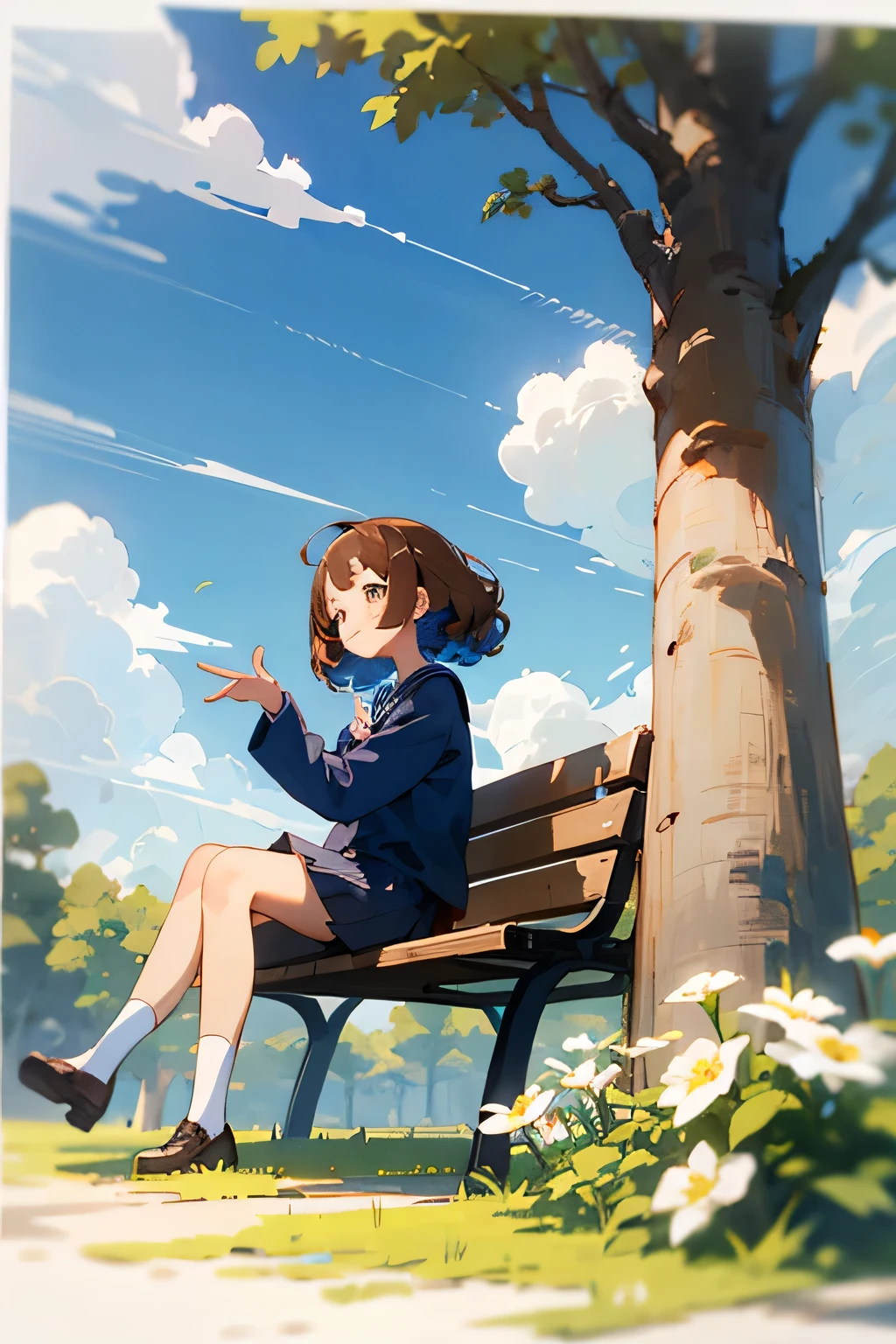 The same navy blue sailor uniform、Two classmates: a modest girl with brown curly bob hair and a mischievous girl with long fluffy white hair.、Sitting on a white wooden bench。The background is the sky, trees, and colorful small flowers.。smile。Front view、b.s。