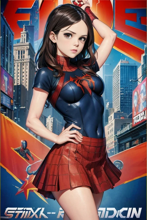 Rachel Bilson、Marvel Comics Movie Poster, Very beautiful, Movies about Spiderman, sexy, whole body, I'm wearing a skirt、Premiere date, Poster、belly buttonを突き出す、new york、She's wearing a torn Spider-Man suit,The suit is torn、Wearing a skirt、 Red and black color scheme,dynamic、masterpiece、highest quality、Ultra-detailed、Very detailed、A delicate and beautiful shine、超A high resolution、Cinematic,Break,Breakdrop,(Torn clothes:1.5), (Wet clothes:1.4), Bare shoulders,Real Rain,Wet Hair,belly button、Exposing Skin、Showing off her sexy shoulders