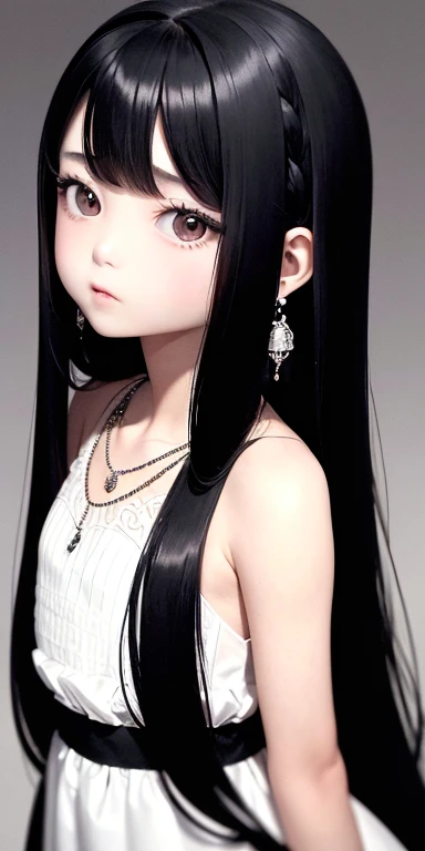 Top quality masterpiece illustrations、Black hair and black eyes、Wearing multiple necklaces、Wearing earrings、Little girl in black and white formal dress looking up、Cute and elegant face with long hair in the upward view. The angle of the lower body is fair.、More hair details、Wide Angle、