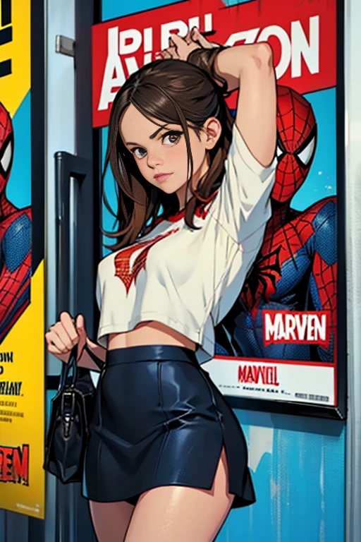 Rachel Bilson、Marvel Comics Movie Poster, Very beautiful, Movies about Spiderman, sexy, whole body, I'm wearing a skirt、Premiere date, Poster、belly buttonを突き出す、new york、She&#39;s wearing a torn Spider-Man suit,The suit is torn、Wearing a skirt、 Red and black color scheme,dynamic、masterpiece、highest quality、Ultra-detailed、Very detailed、A delicate and beautiful shine、超A high resolution、Cinematic,Break,Breakdrop,(Torn clothes:1.5), (Wet clothes:1.4), Bare shoulders,Real Rain,Wet Hair,belly button、Exposing Skin、Showing off her sexy shoulders