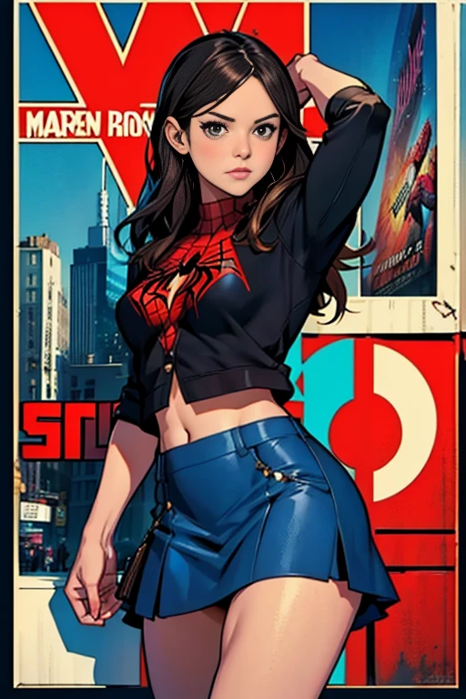 Rachel Bilson、Marvel Comics Movie Poster, Very beautiful, Movies about Spiderman, sexy, whole body, I'm wearing a skirt、Premiere date, Poster、belly buttonを突き出す、new york、She's wearing a torn Spider-Man suit,The suit is torn、Wearing a skirt、 Red and black color scheme,dynamic、masterpiece、highest quality、Ultra-detailed、Very detailed、A delicate and beautiful shine、超A high resolution、Cinematic,Break,Breakdrop,(Torn clothes:1.5), (Wet clothes:1.4), Bare shoulders,Real Rain,Wet Hair,belly button、Exposing Skin、Showing off her sexy shoulders