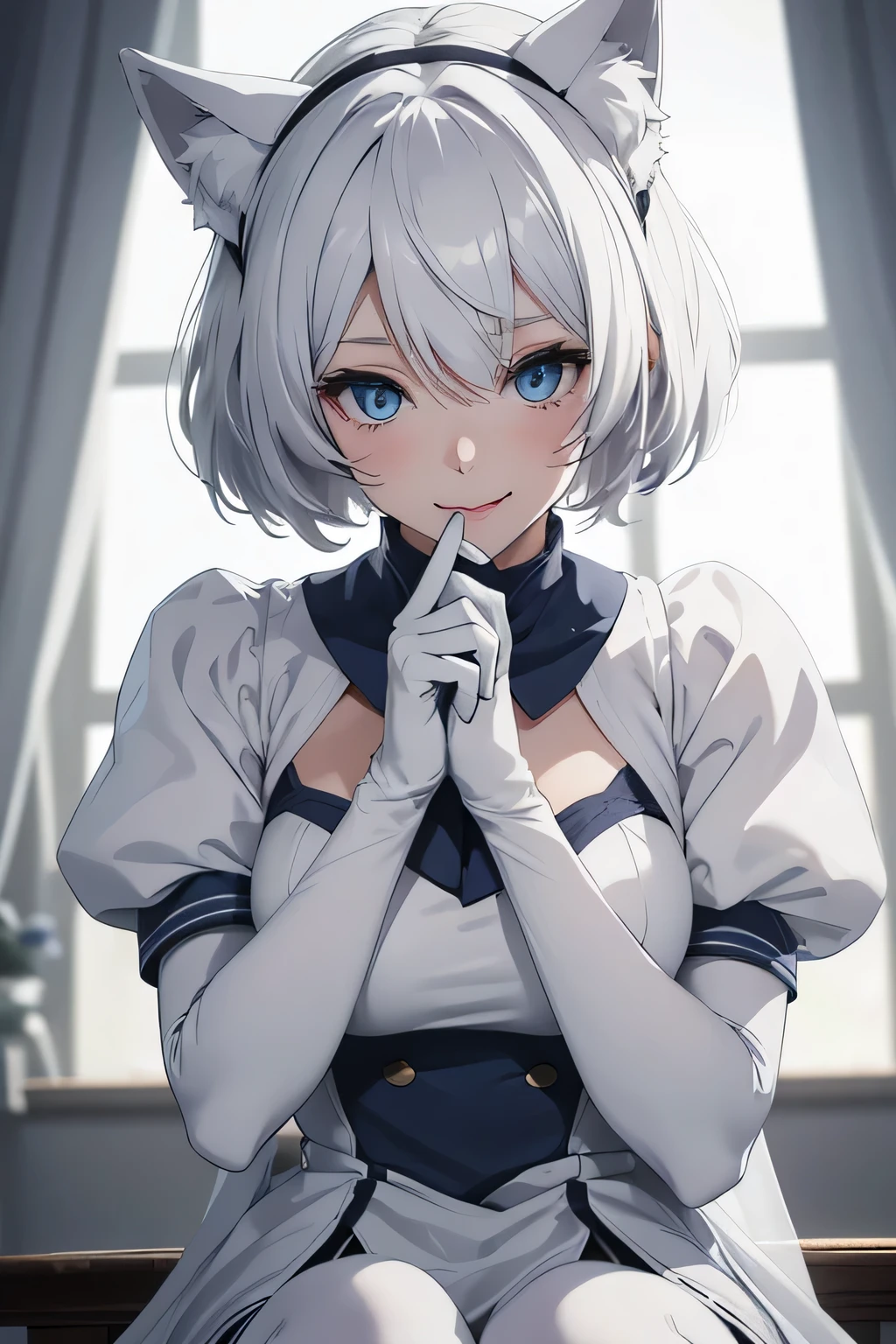 Tabletop　High resolution　Best image quality　8k　 Adult female　Portraiture　White long gloves（Elbow Gloves）　White Pantyhose　Sailor suit（No sleeve）　White wolf ears　short hair（（Shortcuts）（Gray Hair）（Perm）（fluffy））　Eye color is blue　Attractive face（（Laughter）（smile）（Open your mouth））　Are standing　Place your hands on your knees　Hunchback