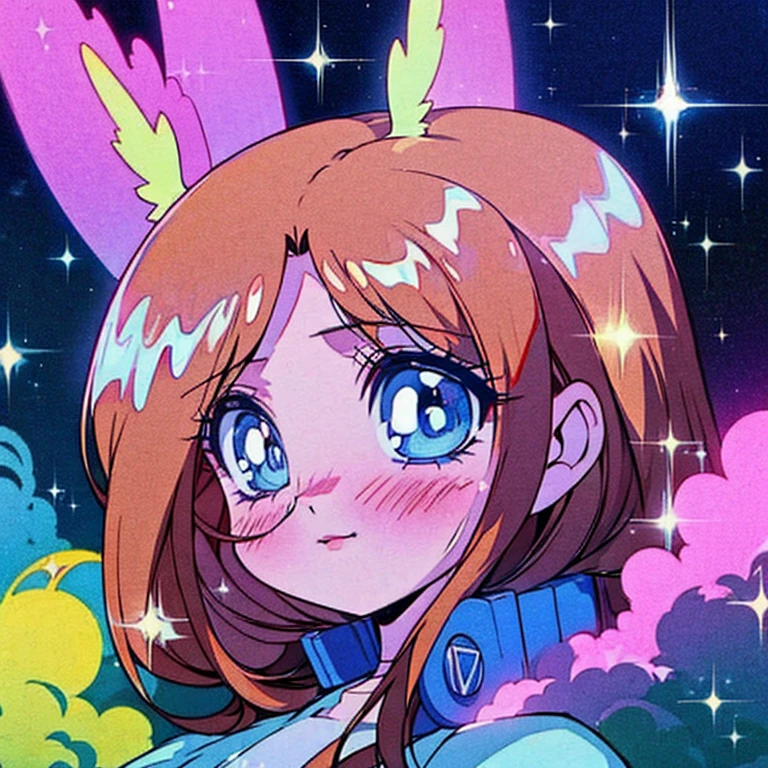 Miku nakano, blue eyes, fluffy brown red hair, nakano_miku, higher quality, soft vivid colours, dreamy nebula, fairy core, lovely, splendid, delicacy, pearly dim light, 4k, extremely detailed, sparkling eyes, perfect face, soft smile, sweet face, lovely, l、watercolor paiting, Ultra Detail, , soft pastel colours, diffused dreamy light, pearly nebula, Heart, iridescent, cute, crystal, blue sky, iridescent clouds, pastels, dark starry sky,
