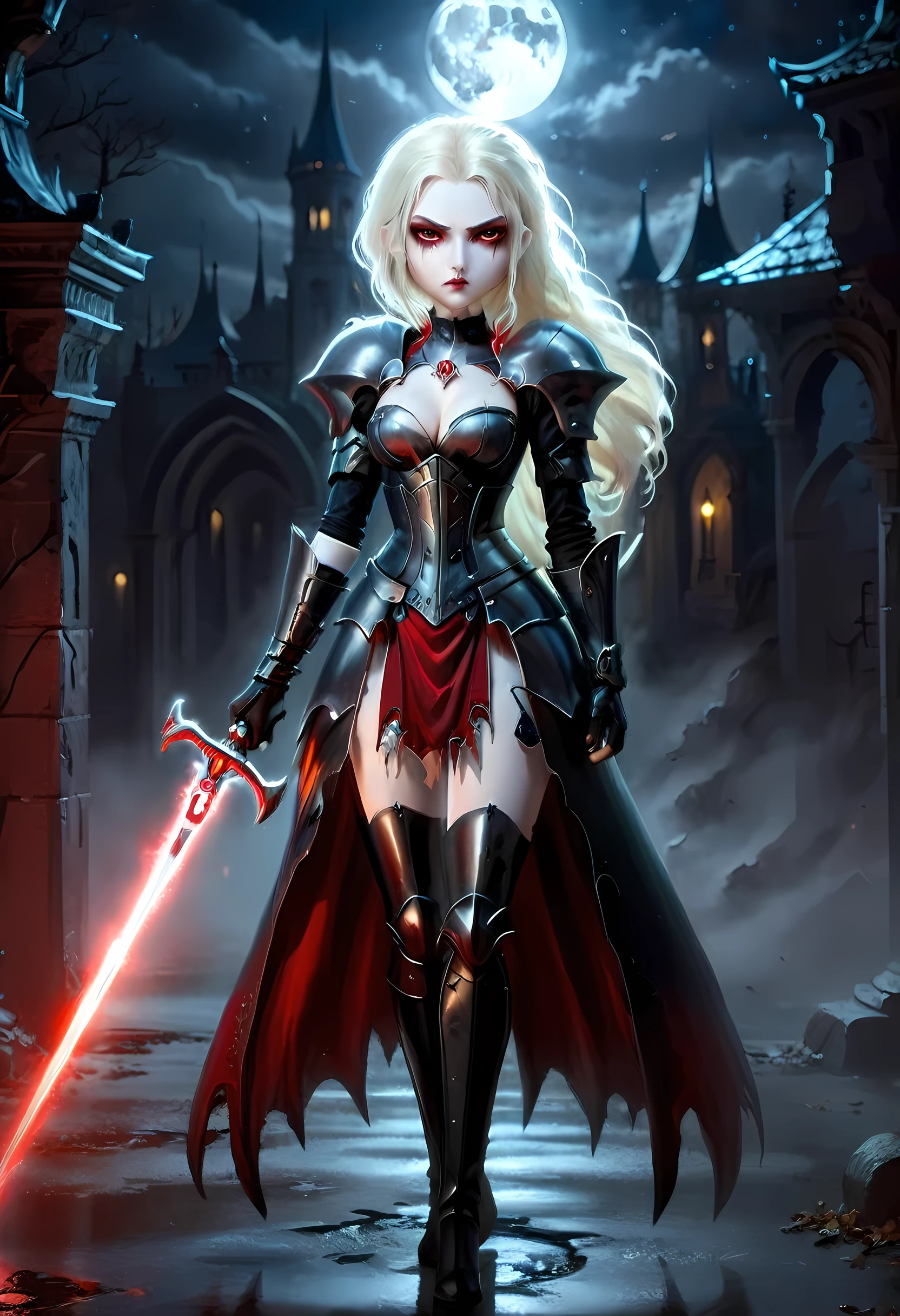 Arafed, dark fantasy art, gothic art, a picturק of a vampire ready for battle, female vampire, armed with a sword, wearing heavy armor , armed with a sword, shining sword, ultra detailed face (intricate detailed, Masterpiece, best quality: 1.4), pale skin, glowing eyes, red eyes, ultra feminine, pale skin, dynamic hair, dark fantasy urban street (intricate detailed, Masterpiece, best quality: 1.4), moon light, star light, clouds, armored_dress, mad-nbla