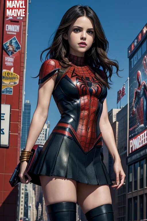 Rachel Bilson、Marvel Comics Movie Poster, Very beautiful, Movies about Spiderman, sexy, whole body, I'm wearing a skirt、Premiere date, Poster、belly buttonを突き出す、new york、She's wearing a torn Spider-Man suit,The suit is torn、Wearing a skirt、 Red and black color scheme,dynamic、masterpiece、highest quality、Ultra-detailed、Very detailed、A delicate and beautiful shine、超A high resolution、Cinematic,Break,Breakdrop,(Torn clothes:1.5), (Wet clothes:1.4), Bare shoulders,Real Rain,Wet Hair,belly button、Exposing Skin、Showing off her sexy shoulders