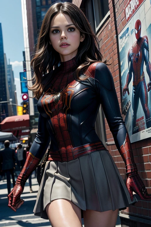 Rachel Bilson、Marvel Comics Movie Poster, Very beautiful, Movies about Spiderman, sexy, whole body, I'm wearing a skirt、Premiere date, Poster、belly buttonを突き出す、new york、She's wearing a torn Spider-Man suit,The suit is torn、Wearing a skirt、 Red and black color scheme,dynamic、masterpiece、highest quality、Ultra-detailed、Very detailed、A delicate and beautiful shine、超A high resolution、Cinematic,Break,Breakdrop,(Torn clothes:1.5), (Wet clothes:1.4), Bare shoulders,Real Rain,Wet Hair,belly button、Exposing Skin、Showing off her sexy shoulders