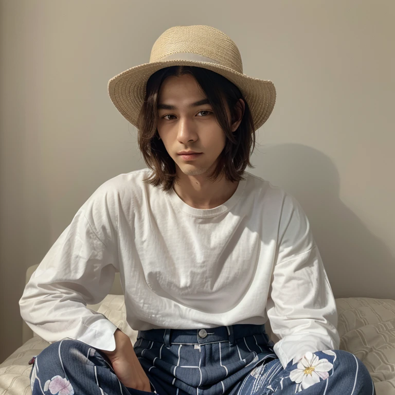 man with a square face with eyes, mouth and small nose with a huge hat, long legs, striped shirt and flowered pants