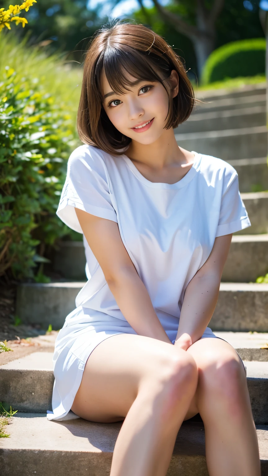 Best-quality, Masterpiece, Ultra-High-Resolution, (Photorealistic:1.4), Raw Photo, depth of field, professional lighting, perfect anatomy, extremely details, 1girl, the most famous Japanese idol, ((sitting on stairs, spread thighs)), wearing summer-clothes, (extremely cute face, (((extremely beautiful and extremely big eyes))), extremely beautiful short-cut-haired, extremely beautiful skins), realistic skin texture, extremely beautiful long-eyelashes, extremely beautiful lips, childish body, extremely beautiful thighs, looking at viewer, innocent-smile