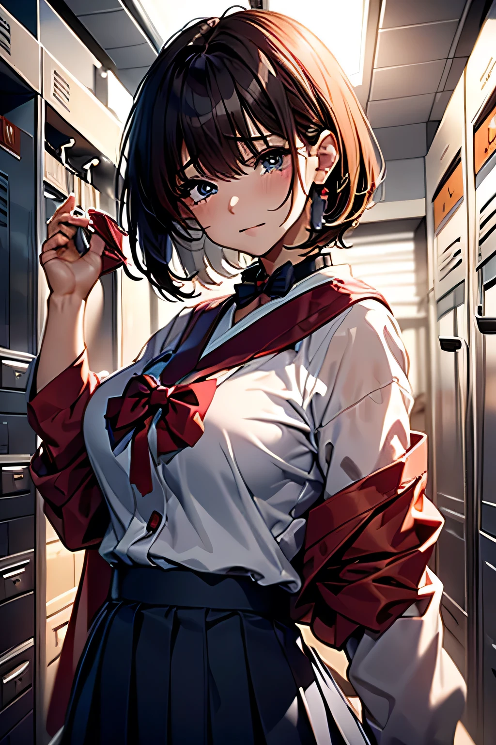 (((locker room))),(((Change clothes in the changing room:1.3))),(((clothes on hangers:1.3))),(((Sailor suit))),(((Pleated skirt that exposes skin))),(Dark red bow tie:1.3),Cute Face,Extreme close up of face,Silver short hair,Crying face,tears,Perfect round face,iris,Floating Hair,Big Breasts.Professional Lighting,Cinematic Light,(Tabletop,highest quality,Ultra-high resolution output images,) ,(8K quality,),(Picture Mode Ultra HD,)