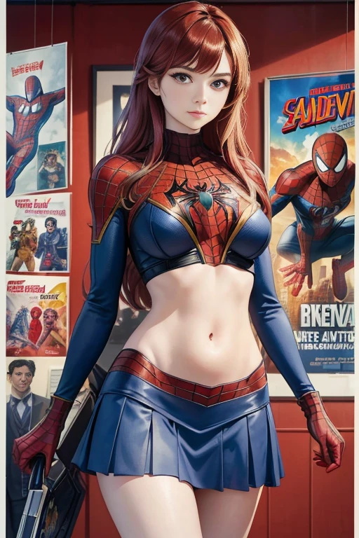Kat Denningarvel Comics Movie Poster, Very beautiful, Movies about Spiderman, sexy, whole body, I'm wearing a skirt、Premiere date, Poster、belly buttonを突き出す、new york、She's wearing a torn Spider-Man suit,The suit is torn、Wearing a skirt、 Red and black color scheme,dynamic、masterpiece、highest quality、Ultra-detailed、Very detailed、A delicate and beautiful shine、超A high resolution、Cinematic,Break,Breakdrop,(Torn clothes:1.5), (Wet clothes:1.4), Bare shoulders,Real Rain,Wet Hair,belly button、Exposing Skin、Showing off her sexy shoulders