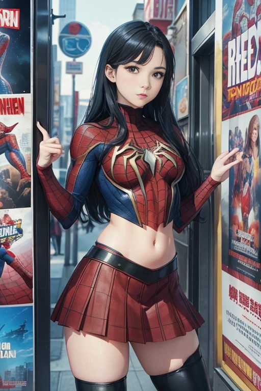 Kat Denningarvel Comics Movie Poster, Very beautiful, Movies about Spiderman, sexy, whole body, I'm wearing a skirt、Premiere date, Poster、belly buttonを突き出す、new york、She&#39;s wearing a torn Spider-Man suit,The suit is torn、Wearing a skirt、 Red and black color scheme,dynamic、masterpiece、highest quality、Ultra-detailed、Very detailed、A delicate and beautiful shine、超A high resolution、Cinematic,Break,Breakdrop,(Torn clothes:1.5), (Wet clothes:1.4), Bare shoulders,Real Rain,Wet Hair,belly button、Exposing Skin、Showing off her sexy shoulders
