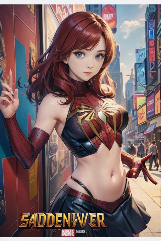 Kat Denningarvel Comics Movie Poster, Very beautiful, Movies about Spiderman, sexy, whole body, I'm wearing a skirt、Premiere date, Poster、belly buttonを突き出す、new york、She&#39;s wearing a torn Spider-Man suit,The suit is torn、Wearing a skirt、 Red and black color scheme,dynamic、masterpiece、highest quality、Ultra-detailed、Very detailed、A delicate and beautiful shine、超A high resolution、Cinematic,Break,Breakdrop,(Torn clothes:1.5), (Wet clothes:1.4), Bare shoulders,Real Rain,Wet Hair,belly button、Exposing Skin、Showing off her sexy shoulders