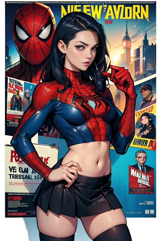Kat Denningarvel Comics Movie Poster, Very beautiful, Movies about Spiderman, sexy, whole body, I'm wearing a skirt、Premiere date, Poster、belly buttonを突き出す、new york、She's wearing a torn Spider-Man suit,The suit is torn、Wearing a skirt、 Red and black color scheme,dynamic、masterpiece、highest quality、Ultra-detailed、Very detailed、A delicate and beautiful shine、超A high resolution、Cinematic,Break,Breakdrop,(Torn clothes:1.5), (Wet clothes:1.4), Bare shoulders,Real Rain,Wet Hair,belly button、Exposing Skin、Showing off her sexy shoulders