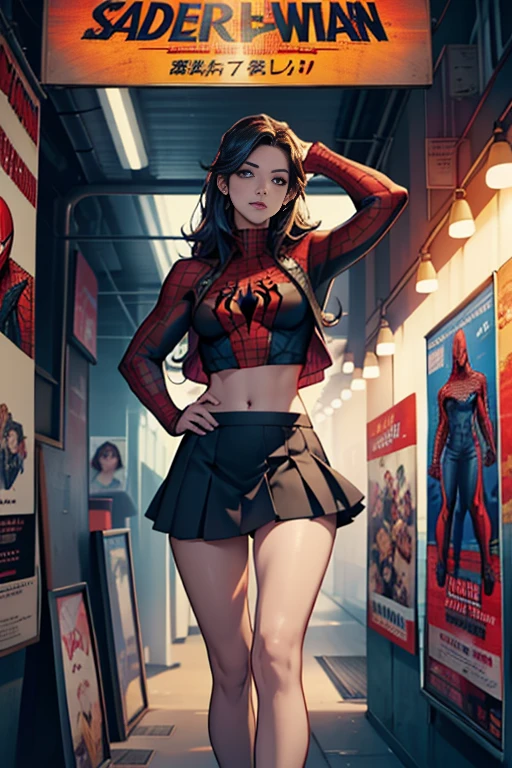Kat Denningarvel Comics Movie Poster, Very beautiful, Movies about Spiderman, sexy, whole body, I'm wearing a skirt、Premiere date, Poster、belly buttonを突き出す、new york、She's wearing a torn Spider-Man suit,The suit is torn、Wearing a skirt、 Red and black color scheme,dynamic、masterpiece、highest quality、Ultra-detailed、Very detailed、A delicate and beautiful shine、超A high resolution、Cinematic,Break,Breakdrop,(Torn clothes:1.5), (Wet clothes:1.4), Bare shoulders,Real Rain,Wet Hair,belly button、Exposing Skin、Showing off her sexy shoulders