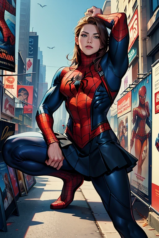 Kat Denningarvel Comics Movie Poster, Very beautiful, Movies about Spiderman, sexy, whole body, I'm wearing a skirt、Premiere date, Poster、belly buttonを突き出す、new york、She's wearing a torn Spider-Man suit,The suit is torn、Wearing a skirt、 Red and black color scheme,dynamic、masterpiece、highest quality、Ultra-detailed、Very detailed、A delicate and beautiful shine、超A high resolution、Cinematic,Break,Breakdrop,(Torn clothes:1.5), (Wet clothes:1.4), Bare shoulders,Real Rain,Wet Hair,belly button、Exposing Skin、Showing off her sexy shoulders