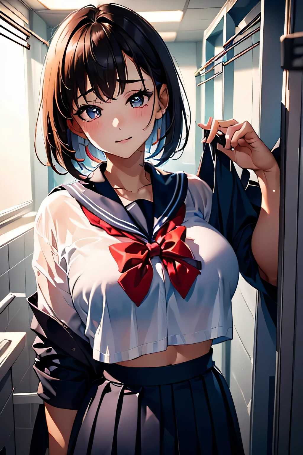 (curvy, medium breasts, tented shirt), (Sticky Sailor uniform, mini skirt), (1girl, eishin flash \(Uma Musume\), Uma Musume), beautiful detailed eyes, blue eyes,(cute eyes), black thigh highs, arms behind back, (Carving Waistline), Shower room, (cowboy shot, from left side), Best Quality, Super detailed, masterpiece, Ultra-high resolution, 8k, Embarrassing, blush, Nice, (With tears in my eyes), open mouth, sweat, (from left side), (from left side)