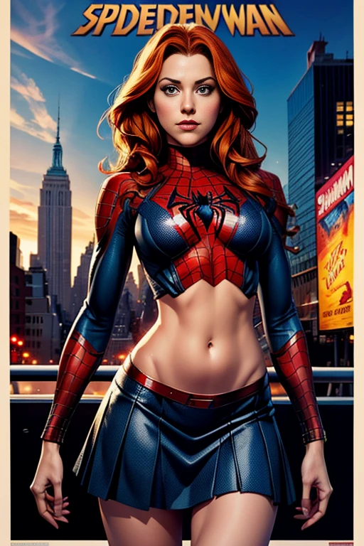 Kat Denningarvel Comics Movie Poster, Very beautiful, Movies about Spiderman, sexy, whole body, I'm wearing a skirt、Premiere date, Poster、belly buttonを突き出す、new york、She's wearing a torn Spider-Man suit,The suit is torn、Wearing a skirt、 Red and black color scheme,dynamic、masterpiece、highest quality、Ultra-detailed、Very detailed、A delicate and beautiful shine、超A high resolution、Cinematic,Break,Breakdrop,(Torn clothes:1.5), (Wet clothes:1.4), Bare shoulders,Real Rain,Wet Hair,belly button、Exposing Skin、Showing off her sexy shoulders