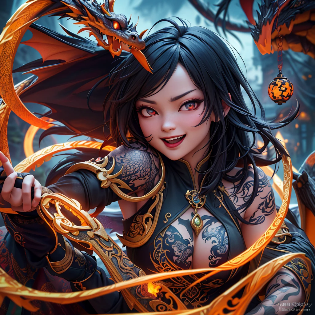 A witchy Asian spirit, Malaysian woman, age 25, ankle length hair, extensive tattoos ( dragon motif), evil body jewelry, unclad (very sexy and revealing but still enough is covered to be SFW) , glowing eyes, and a unholy aura, she is laughing cruelly, she floats above a corrupt magic circle in a medieval European village, black serpentine Asian drakes slither around the edges of the scene(almost out of sight, almost out of reach). (best quality, 4k, highres, masterpiece:1.2), ultra-detailed, (realistic, photorealistic, photo-realistic:1.37), HDR, UHD, studio lighting, ultra-fine painting, sharp focus, physically-based rendering, extreme detail description, professional, vivid colors, bokeh, portraits, landscape, horror, anime, sci-fi, photography, concept artists, vibrant colors, soft lighting. Set in a medieval European village
