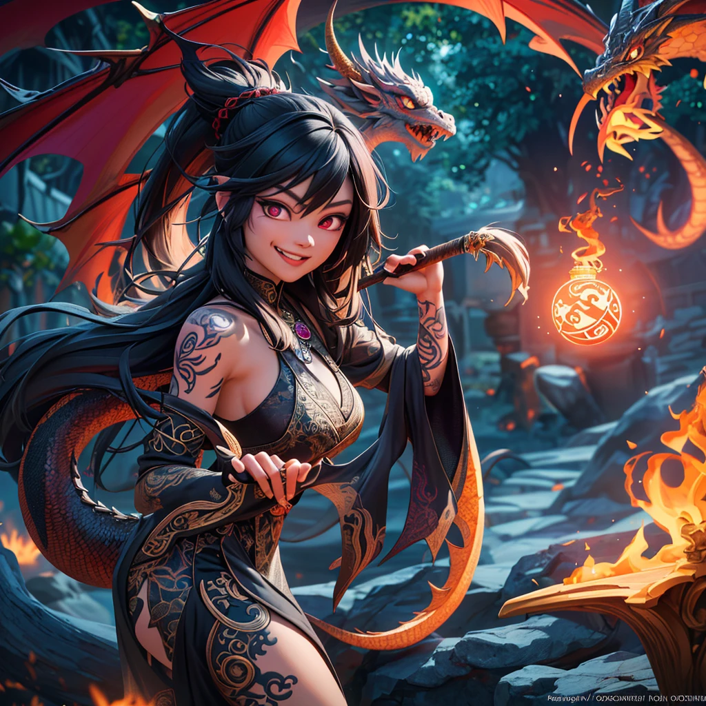 A witchy Asian spirit, Malaysian woman, age 25, ankle length hair, extensive tattoos ( dragon motif), evil body jewelry, unclad (very sexy and revealing but still enough is covered to be SFW) , glowing eyes, and a unholy aura, she is laughing cruelly, she floats above a corrupt magic circle in a medieval European village, black serpentine Asian drakes slither around the edges of the scene(almost out of sight, almost out of reach). (best quality, 4k, highres, masterpiece:1.2), ultra-detailed, (realistic, photorealistic, photo-realistic:1.37), HDR, UHD, studio lighting, ultra-fine painting, sharp focus, physically-based rendering, extreme detail description, professional, vivid colors, bokeh, portraits, landscape, horror, anime, sci-fi, photography, concept artists, vibrant colors, soft lighting. Set in a medieval European village
