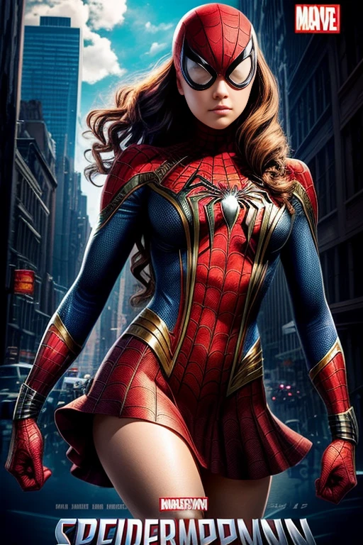 Kat Denningarvel Comics Movie Poster, Very beautiful, Movies about Spiderman, sexy, whole body, I'm wearing a skirt、Premiere date, Poster、belly buttonを突き出す、new york、She's wearing a torn Spider-Man suit,The suit is torn、Wearing a skirt、 Red and black color scheme,dynamic、masterpiece、highest quality、Ultra-detailed、Very detailed、A delicate and beautiful shine、超A high resolution、Cinematic,Break,Breakdrop,(Torn clothes:1.5), (Wet clothes:1.4), Bare shoulders,Real Rain,Wet Hair,belly button、Exposing Skin、Showing off her sexy shoulders