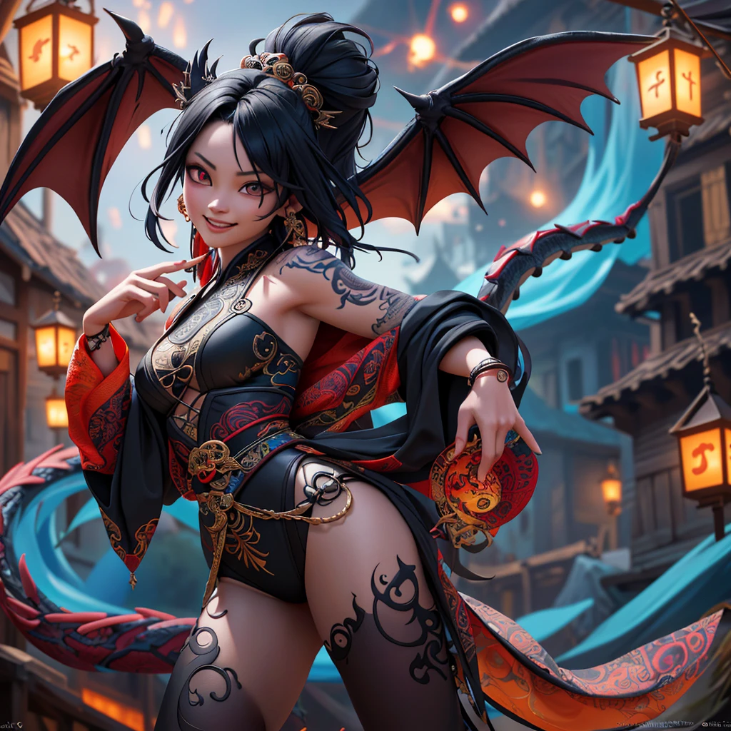 A witchy Asian spirit, Malaysian woman, age 25, ankle length hair, extensive tattoos ( dragon motif), evil body jewelry, unclad (very sexy and revealing but still enough is covered to be SFW) , glowing eyes, and a unholy aura, she is laughing cruelly, she floats above a corrupt magic circle in a medieval European village, black serpentine Asian drakes slither around the edges of the scene(almost out of sight, almost out of reach). (best quality, 4k, highres, masterpiece:1.2), ultra-detailed, (realistic, photorealistic, photo-realistic:1.37), HDR, UHD, studio lighting, ultra-fine painting, sharp focus, physically-based rendering, extreme detail description, professional, vivid colors, bokeh, portraits, landscape, horror, anime, sci-fi, photography, concept artists, vibrant colors, soft lighting. Set in a medieval European village
