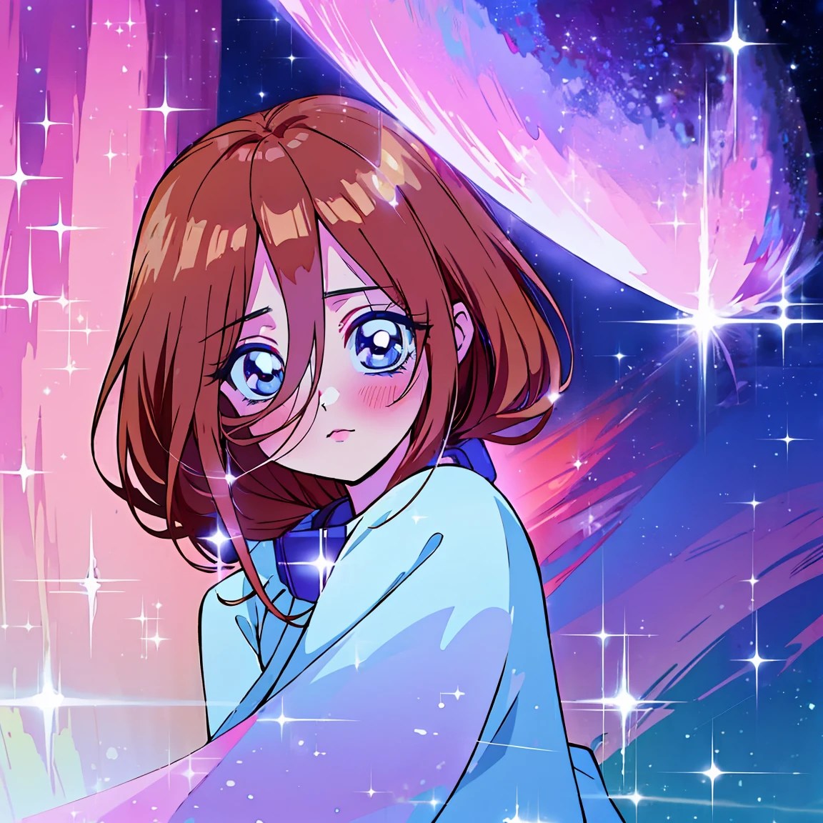 Miku nakano, blue eyes,  fluffy brown red hair, nakano_miku, higher quality, soft vivid colours, dreamy nebula, fairy core, lovely, splendid, delicacy, pearly dim light, 4k, extremely detailed, sparkling eyes, perfect face, soft smile, sweet face, lovely, l、watercolor paiting, Ultra Detail, , soft pastel colours, diffused dreamy light, pearly nebula, Heart, iridescent, cute, crystal,  blue sky, iridescent clouds, pastels, dark starry sky,