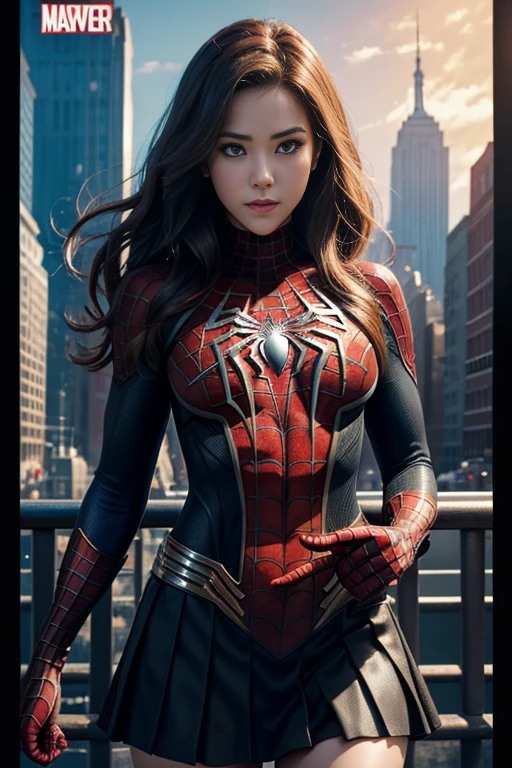 Kat Denningarvel Comics Movie Poster, Very beautiful, Movies about Spiderman, sexy, whole body, I'm wearing a skirt、Premiere date, Poster、belly buttonを突き出す、new york、She's wearing a torn Spider-Man suit,The suit is torn、Wearing a skirt、 Red and black color scheme,dynamic、masterpiece、highest quality、Ultra-detailed、Very detailed、A delicate and beautiful shine、超A high resolution、Cinematic,Break,Breakdrop,(Torn clothes:1.5), (Wet clothes:1.4), Bare shoulders,Real Rain,Wet Hair,belly button、Exposing Skin、Showing off her sexy shoulders